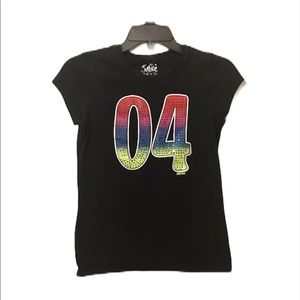Justice Girl’s Black Graphic “04” Rhinestones T-Shirt Size 14 EUC